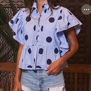 Bucket List Women Polka Dot Ruffle Flutter Sleeve Pintuck Babydoll Blouse Sz.Lg.